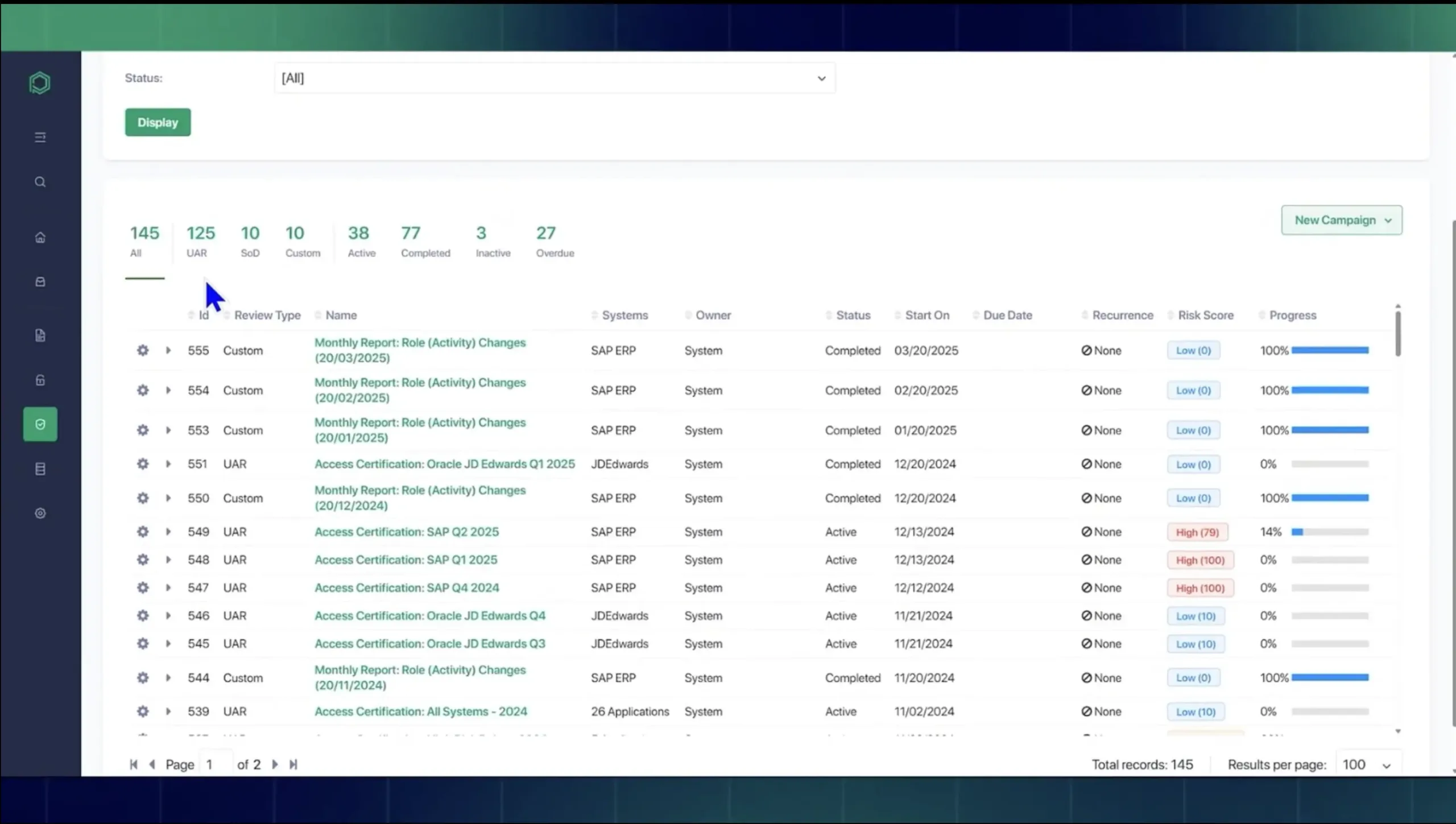 Pathlock User Access Review and Certification Dashboard